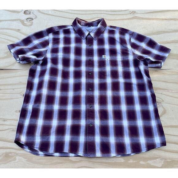 Carhartt Short Sleeve Button-Down Work Shirt Plaid Burgundy Sz. XXL - Picture 1 of 6